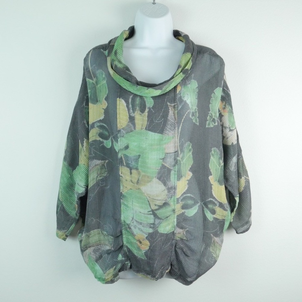 Grizas Silk Blend Mesh Floral Cowl Neck Batwing Top Large Lagenlook Art to Wear